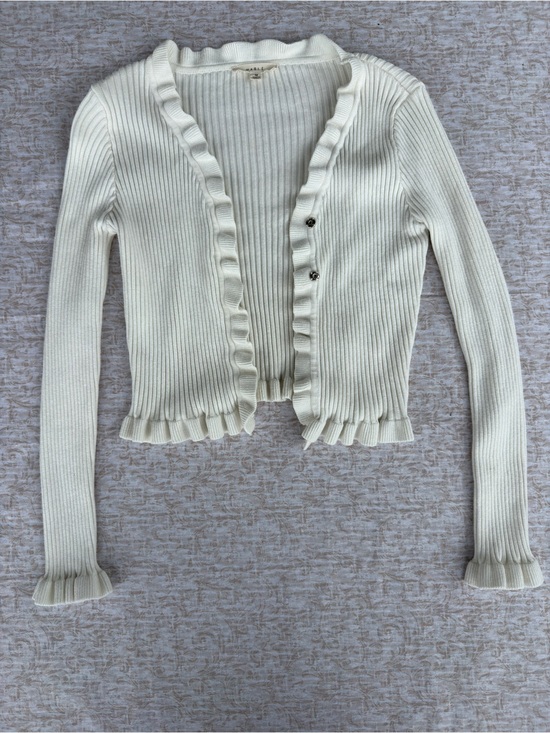 Mable Sweaters - Mable White Ribbed Ruffle Cardigan Sweater Soft Feminine Knit